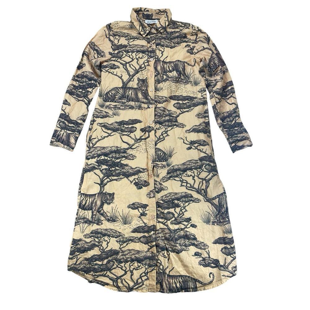 Las Sureñas Safari Button Front Linen Cotton Shirt Dress Womens Sz M Resort Wear